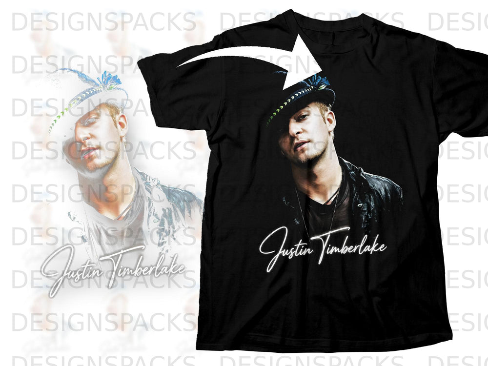 Black t-shirt featuring a portrait of Justin Timberlake with his name.