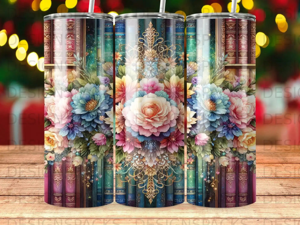 Floral design tumbler with colorful books and bokeh lights background.