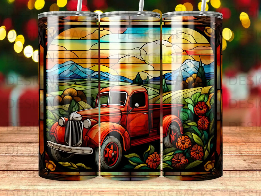 Vintage red truck in a stained-glass landscape with flowers.