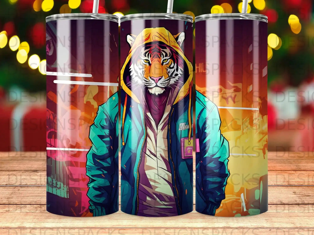 Tiger wearing a hoodie and jacket, standing in an urban setting.