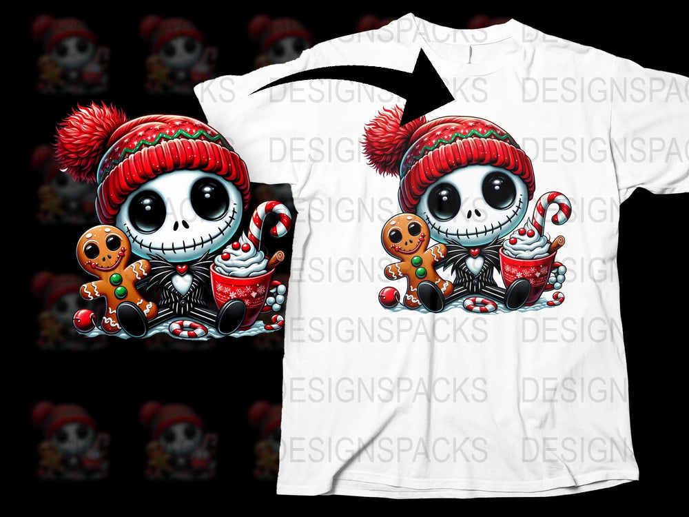 Skeleton Cartoon Winter Holiday T-Shirt, Cute Skull with Gingerbread and Hot Cocoa, Festive Apparel for All Ages