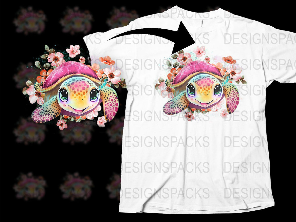 Cute Turtle T-Shirt with Floral Design, Colorful Kids Animal Graphic Tee, Summer Casual Wear