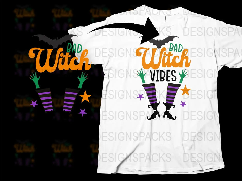 Bad Witch Vibes T-Shirt, Halloween Witch Legs Graphic Tee, Fun Spooky October Apparel, Unisex Adult Tshirt