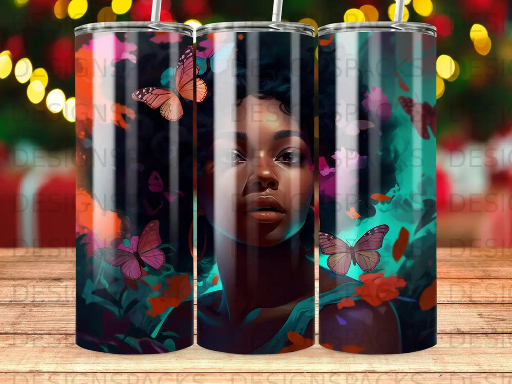 Woman with butterflies and vibrant foliage on a tumbler.