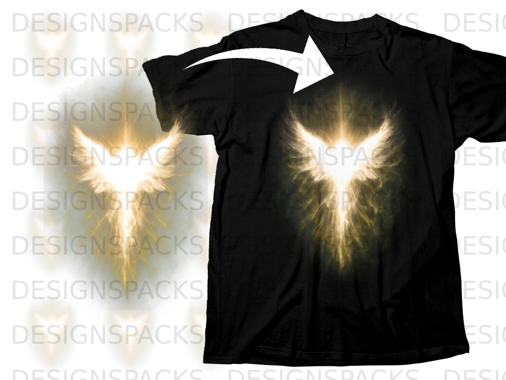 Black t-shirt featuring a luminous golden phoenix design with a white arrow overlay.