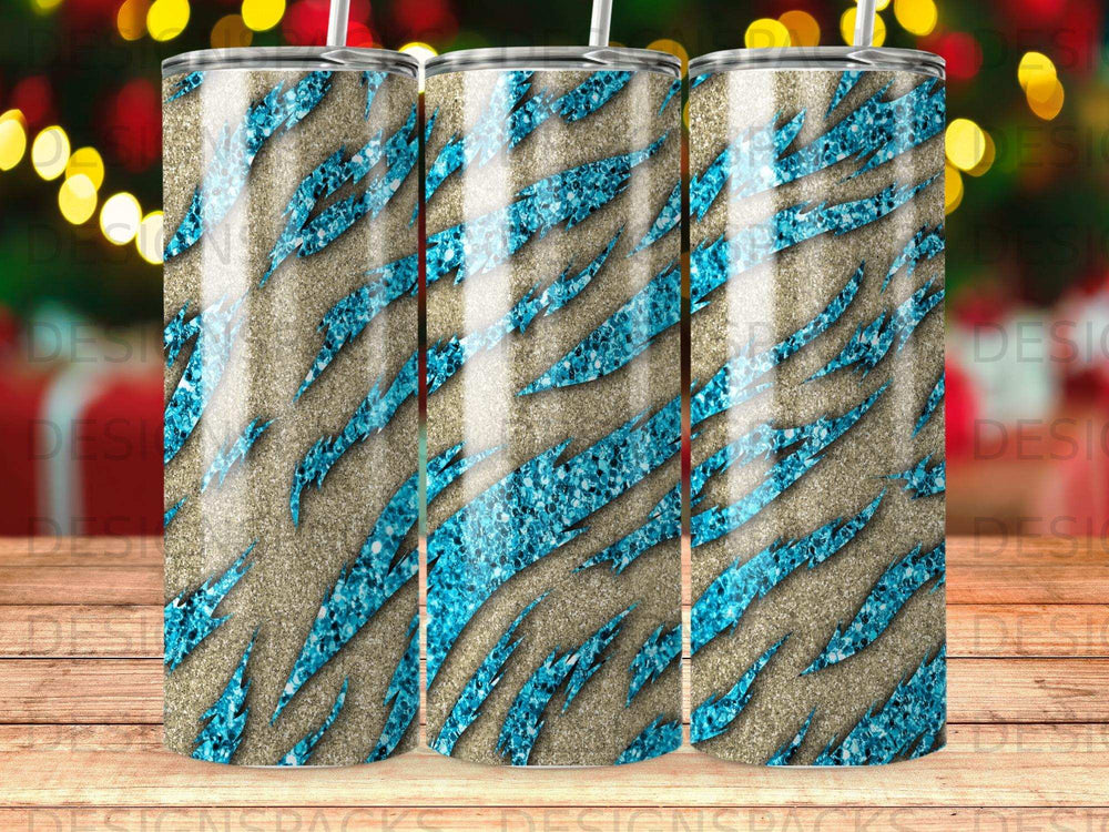 Triptych of tumblers with a blue glitter tiger stripe pattern.