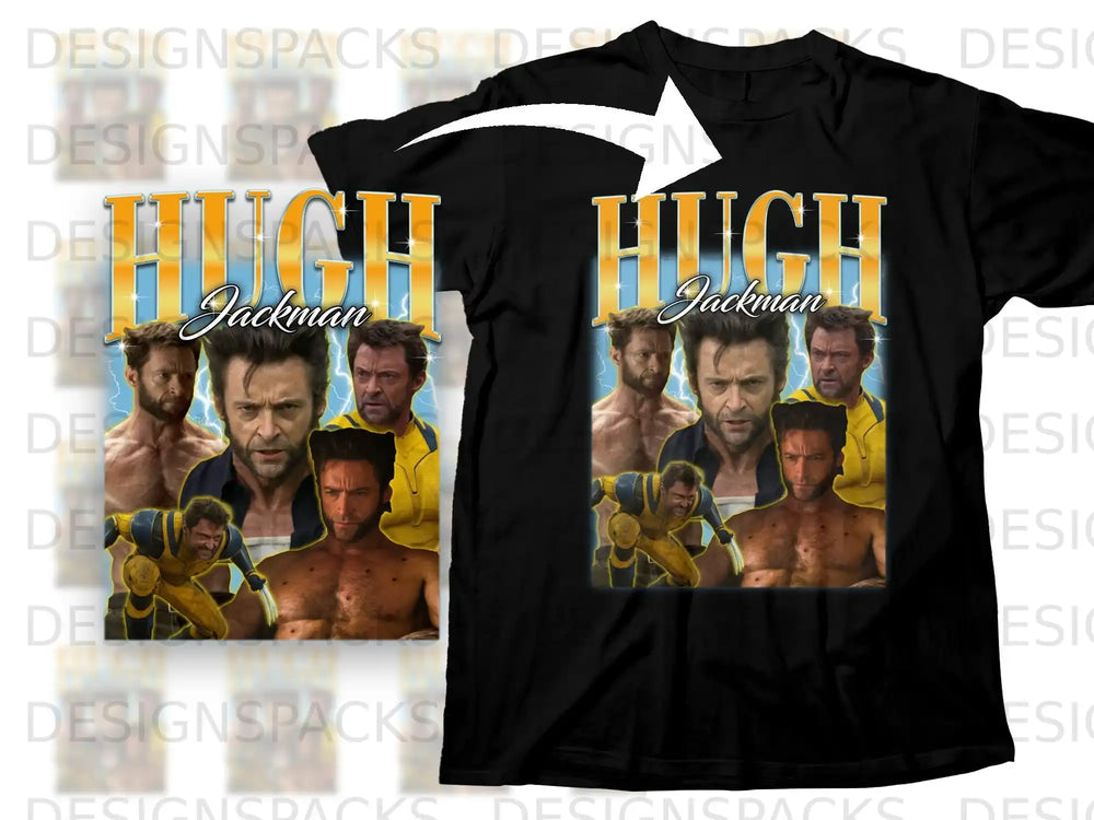 Hugh Jackman collage graphic on a black t-shirt.