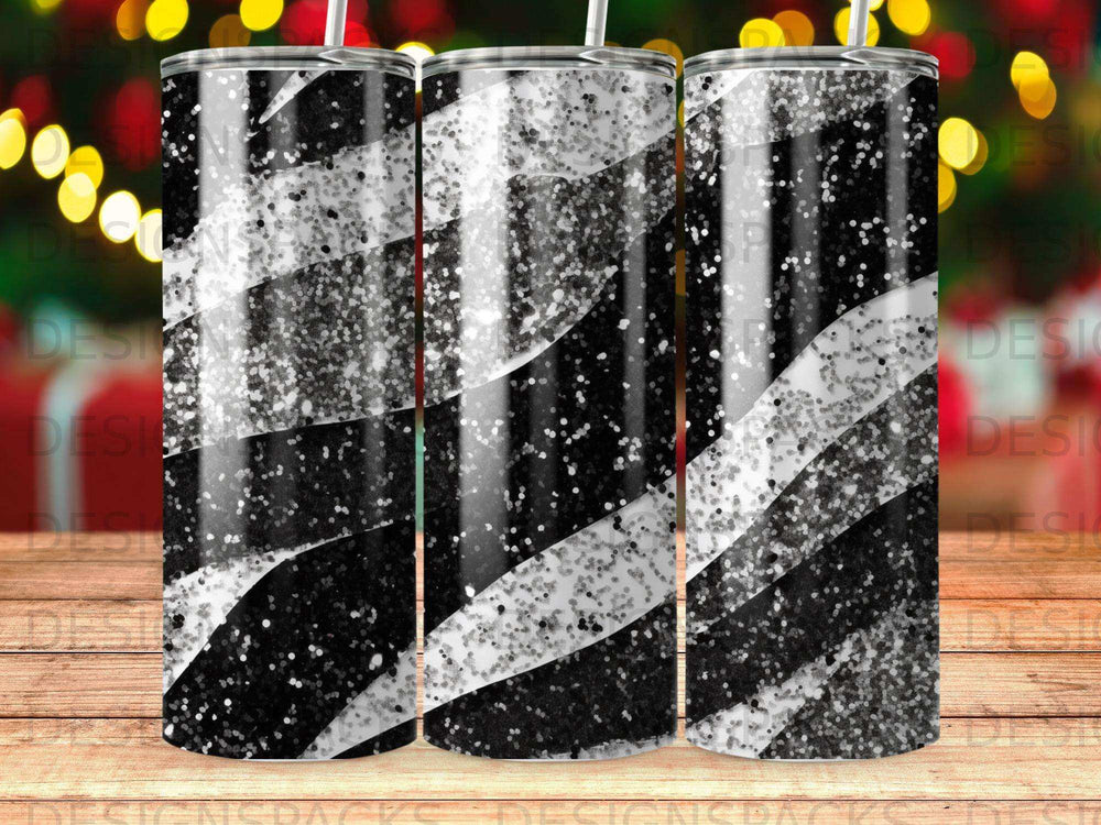 Three tumblers with black and silver glitter zebra stripe patterns.