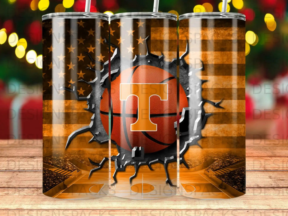 Orange basketball with Tennessee "T" logo on American flag background.