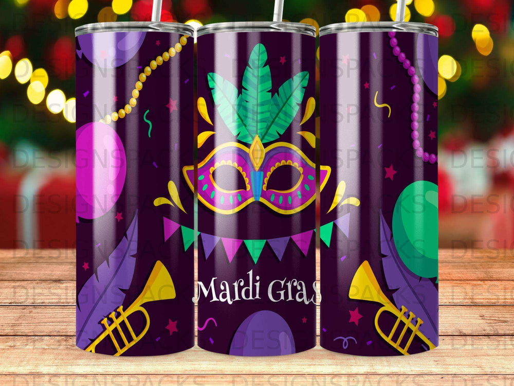 Mardi Gras mask with feathers and trumpet on purple background with beads.