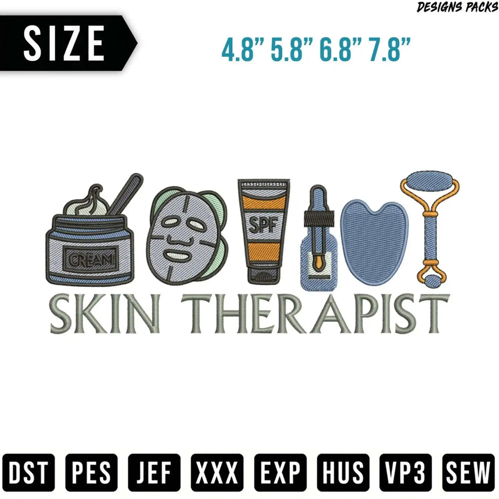Embroidery design with skincare items and "SKIN THERAPIST" text.