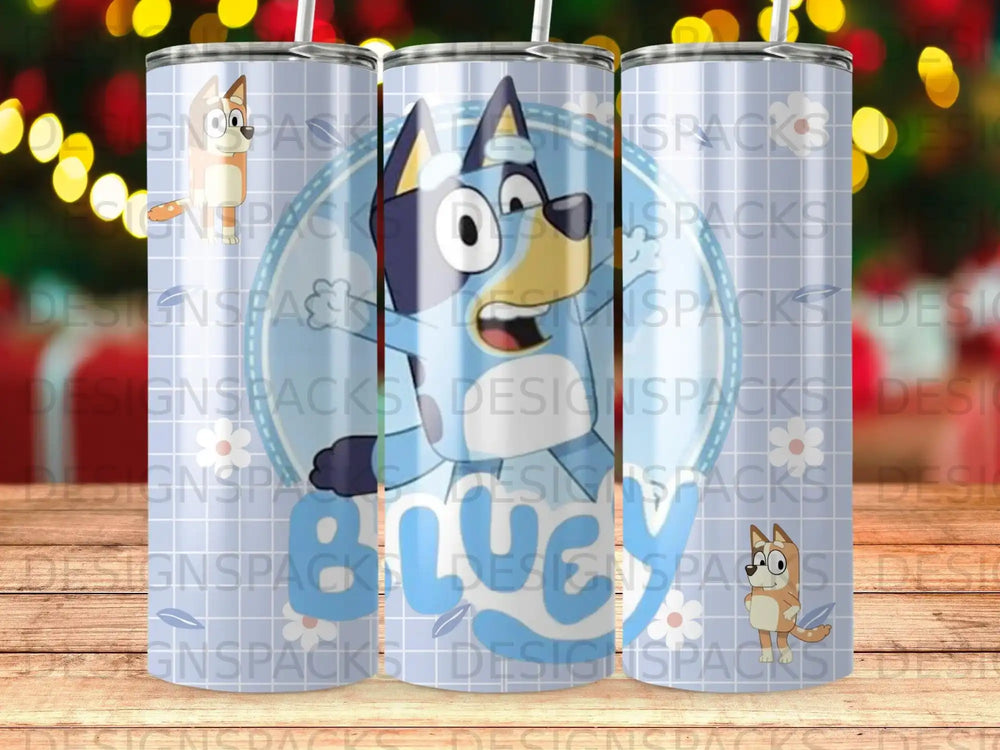 Bluey character on a tumbler cup with a grid pattern and confetti.