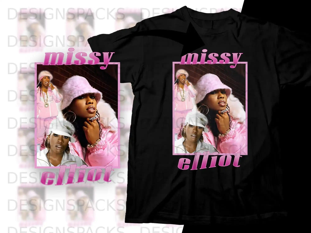 Missy Elliott portrait on a black t-shirt with "missy elliot" text.
