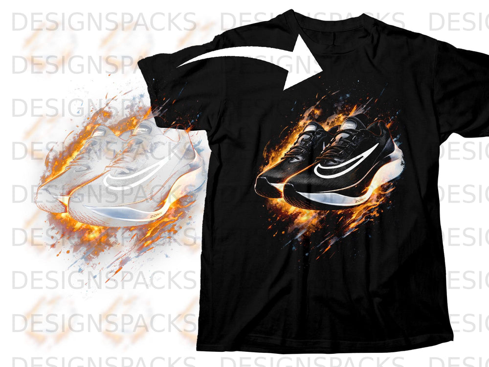 Black t-shirt with graphic of black and white running shoes on fire.