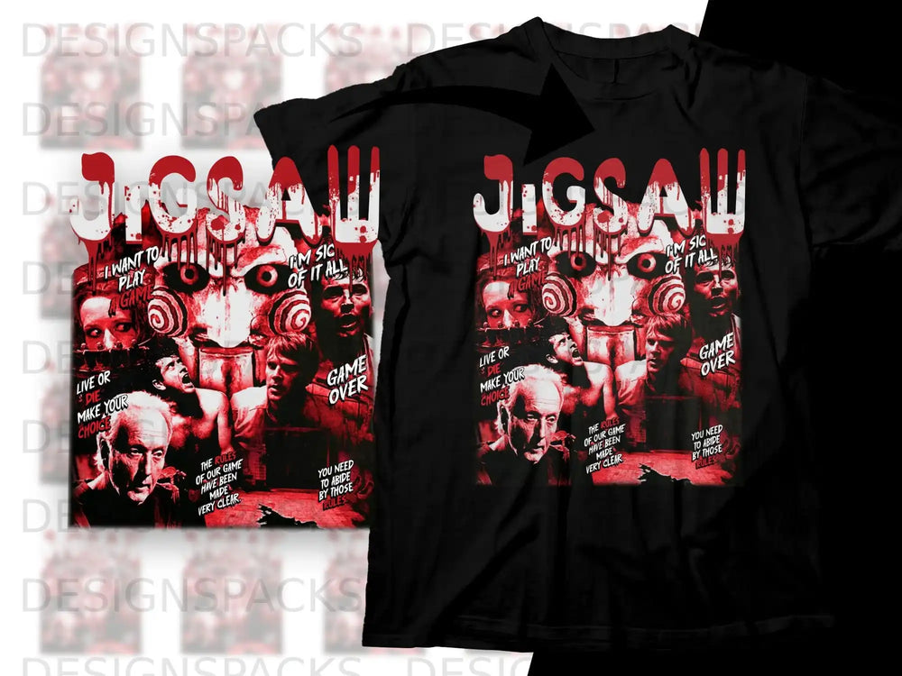 Jigsaw I want to play a game text and faces on a black t-shirt.