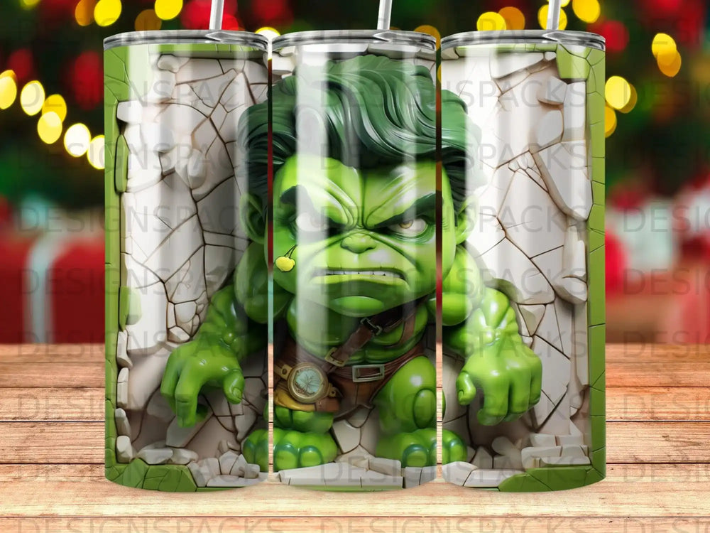 Hulk breaks through a cracked wall, green skin, brown straps.