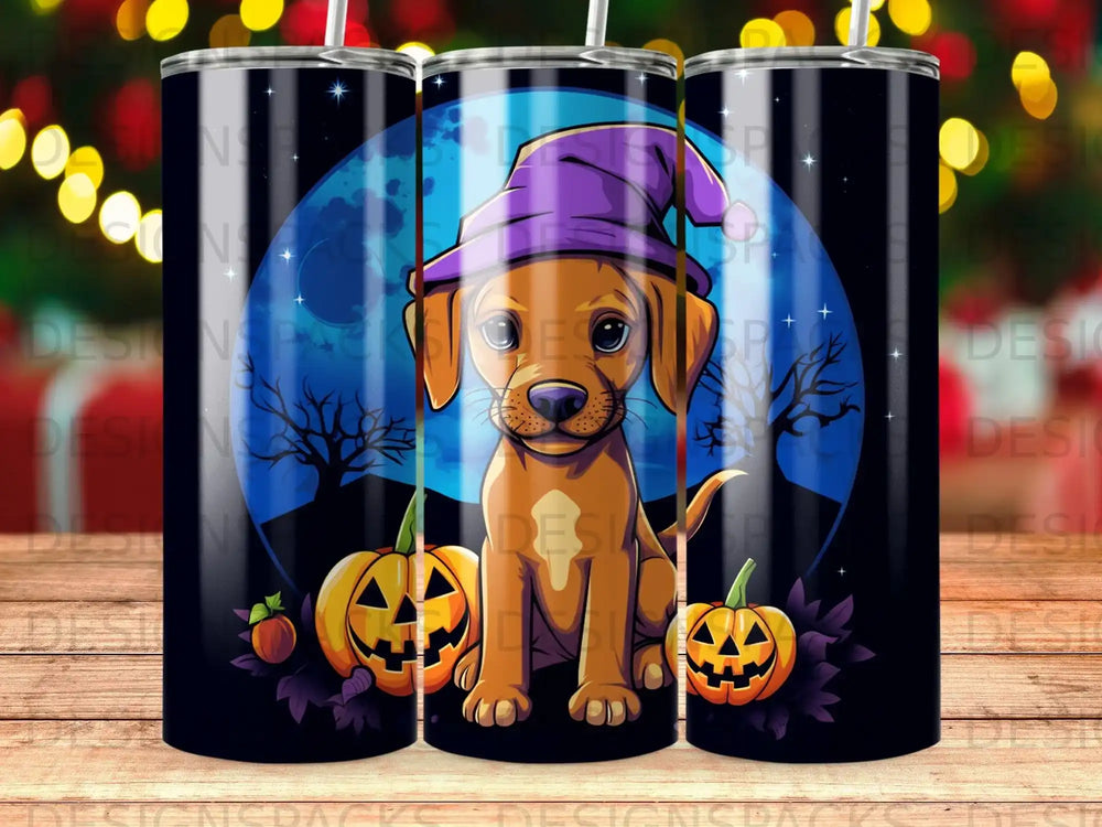 Dog in witch hat with pumpkins against a full moon sky.