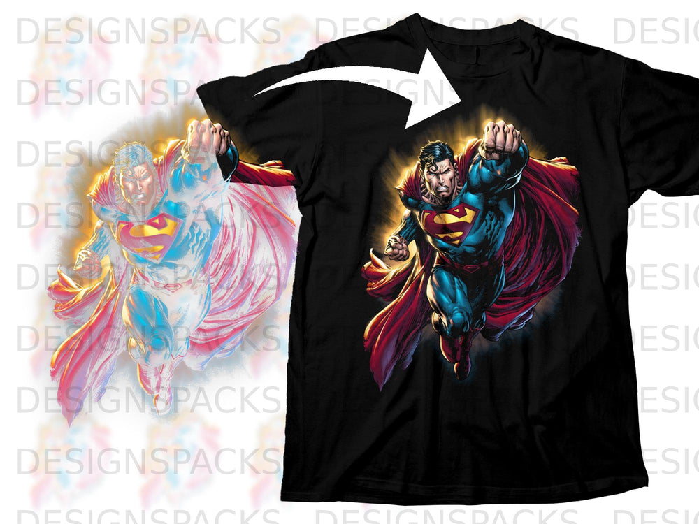 Black t-shirt featuring a graphic of Superman in flight with red cape.