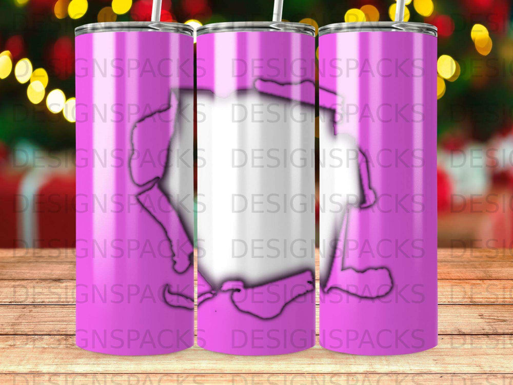 Pink tumbler with abstract white and purple overlay and "DESIGNSPACKS" repeating watermark.