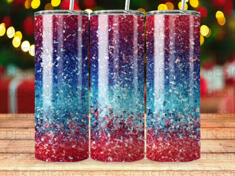 Glitter ombre tumbler with red, blue, and silver sparkles.