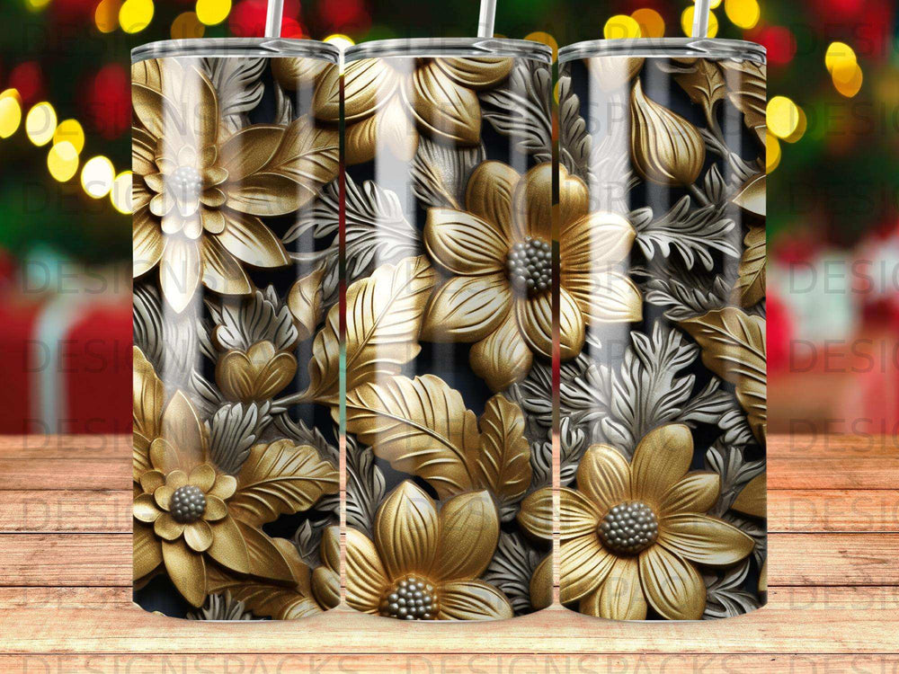 Gold and silver floral pattern on a tumbler with bokeh background.