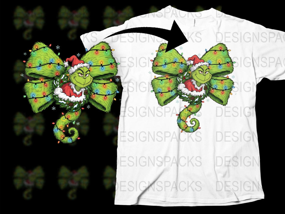 Grinch Christmas Bow T-Shirt, Festive Holiday Graphic Tee, Unisex Xmas Shirt, Colorful Holiday Apparel, Unique Christmas Gift Idea