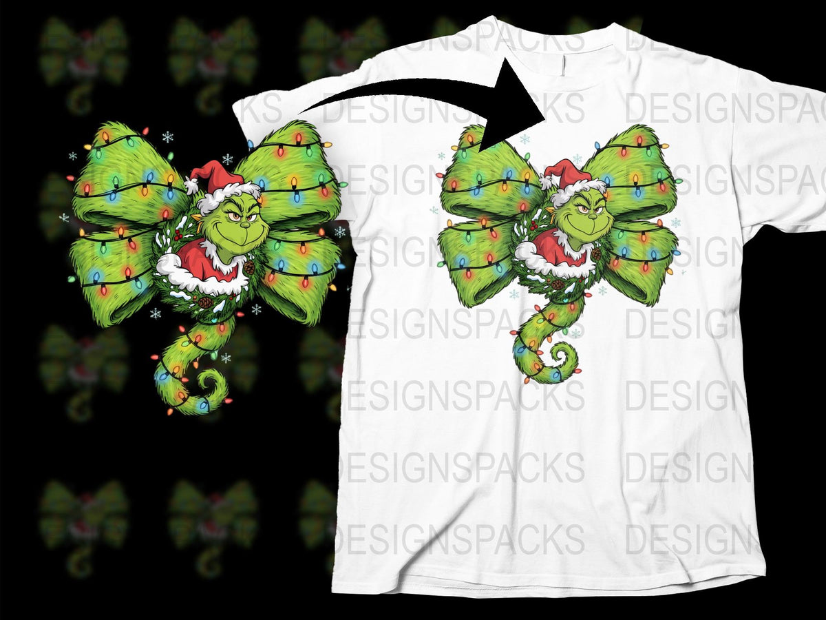 Grinch Christmas Bow T-Shirt, Festive Holiday Graphic Tee, Unisex Xmas Shirt, Colorful Holiday Apparel, Unique Christmas Gift Idea