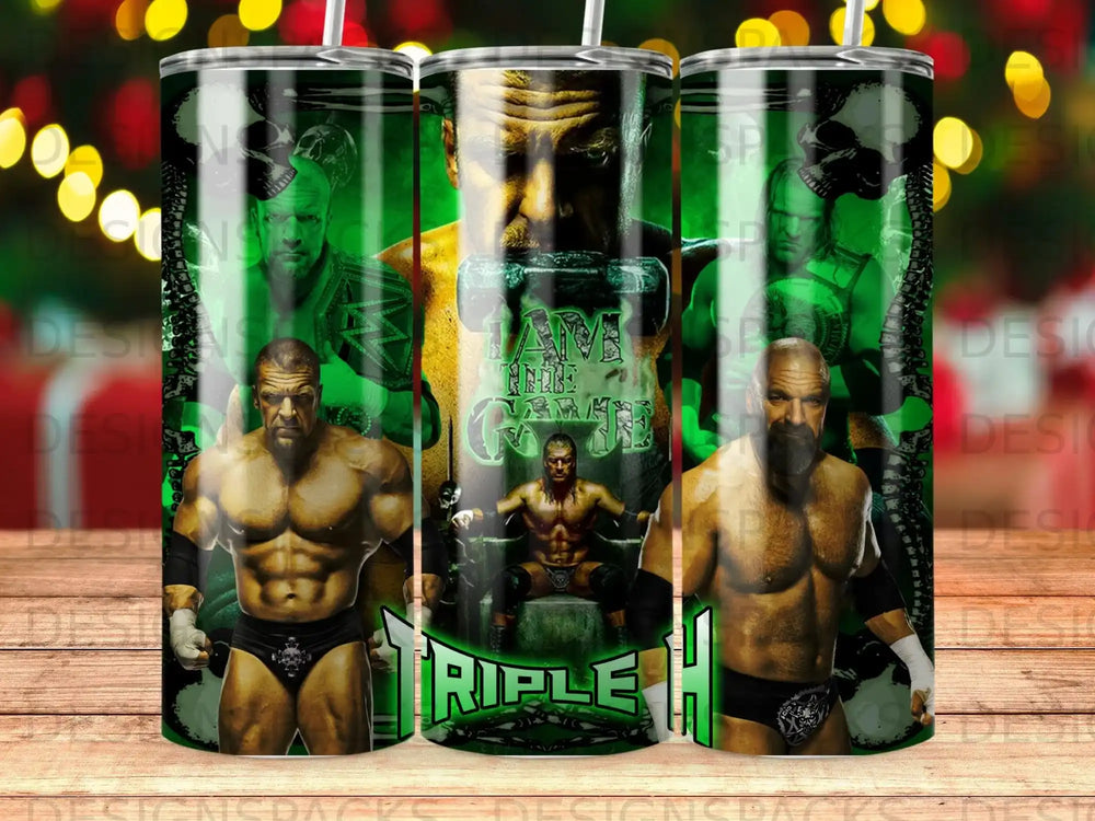 Triple H wrestling tumbler with "I am the Game" text.