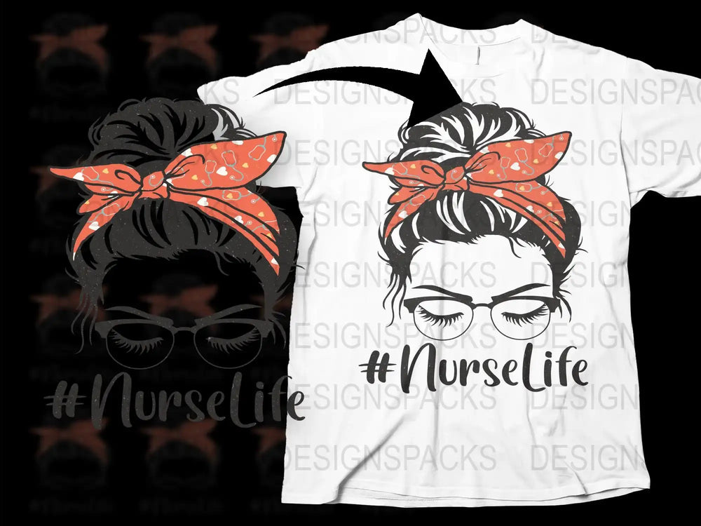 Nurse Life T-Shirt with Red Bow, Black Hair Bun Graphic Tee, Women's Fashion Top