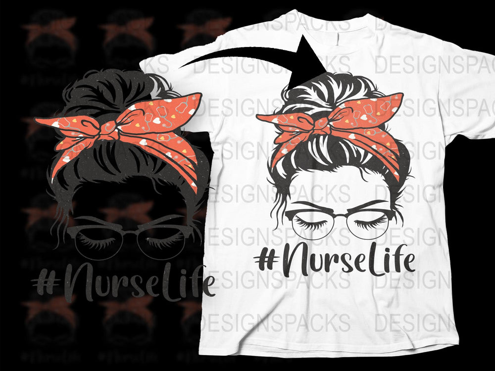 Nurse Life T-Shirt with Red Bow, Black Hair Bun Graphic Tee, Women's Fashion Top