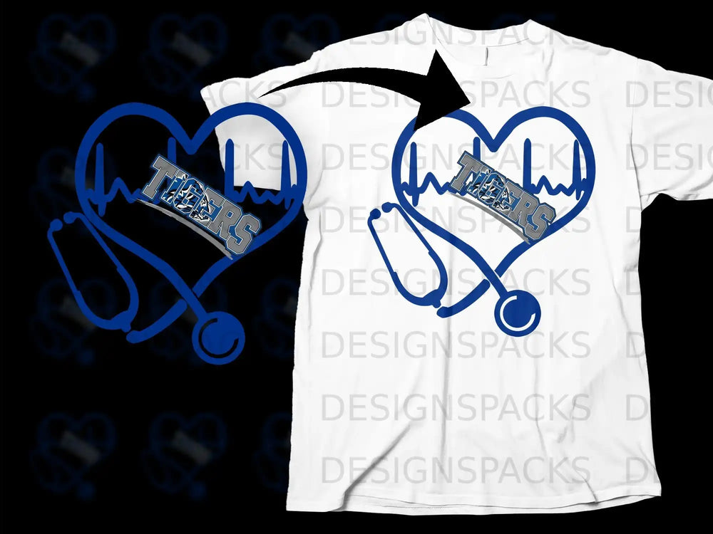 Heartbeat and Stethoscope Tigers Design T-Shirt