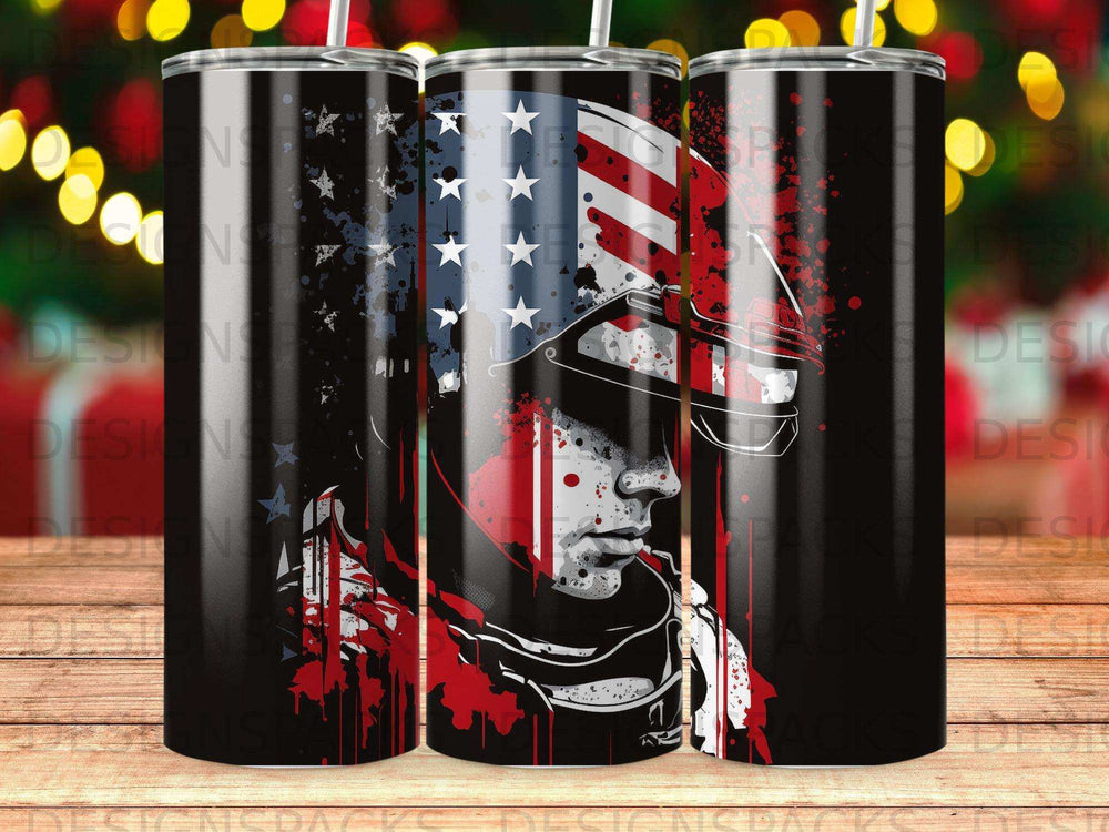 Front view of a tumbler featuring an American flag superimposed on a firefighter's helmet and face.