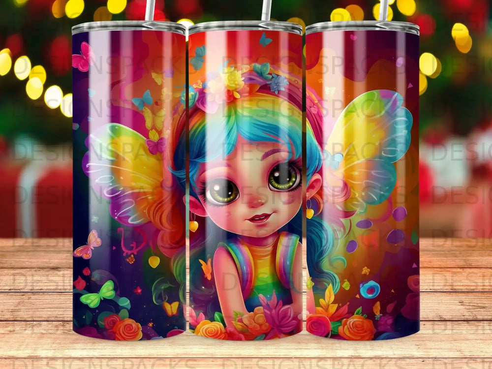 Fairy girl with colorful rainbow hair and wings, surrounded by butterflies and flowers.