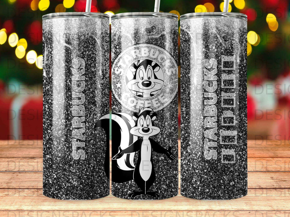 Black and white glitter Starbucks tumbler with Pepe Le Pew cartoon character.