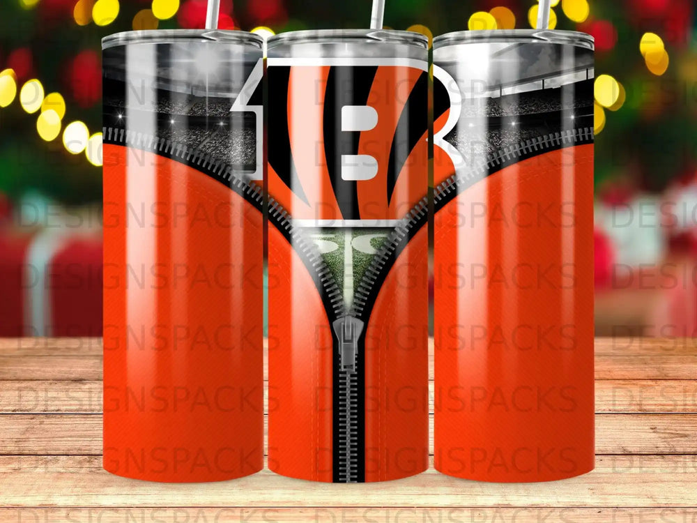 Cincinnati Bengals logo on a tumbler with stadium background.