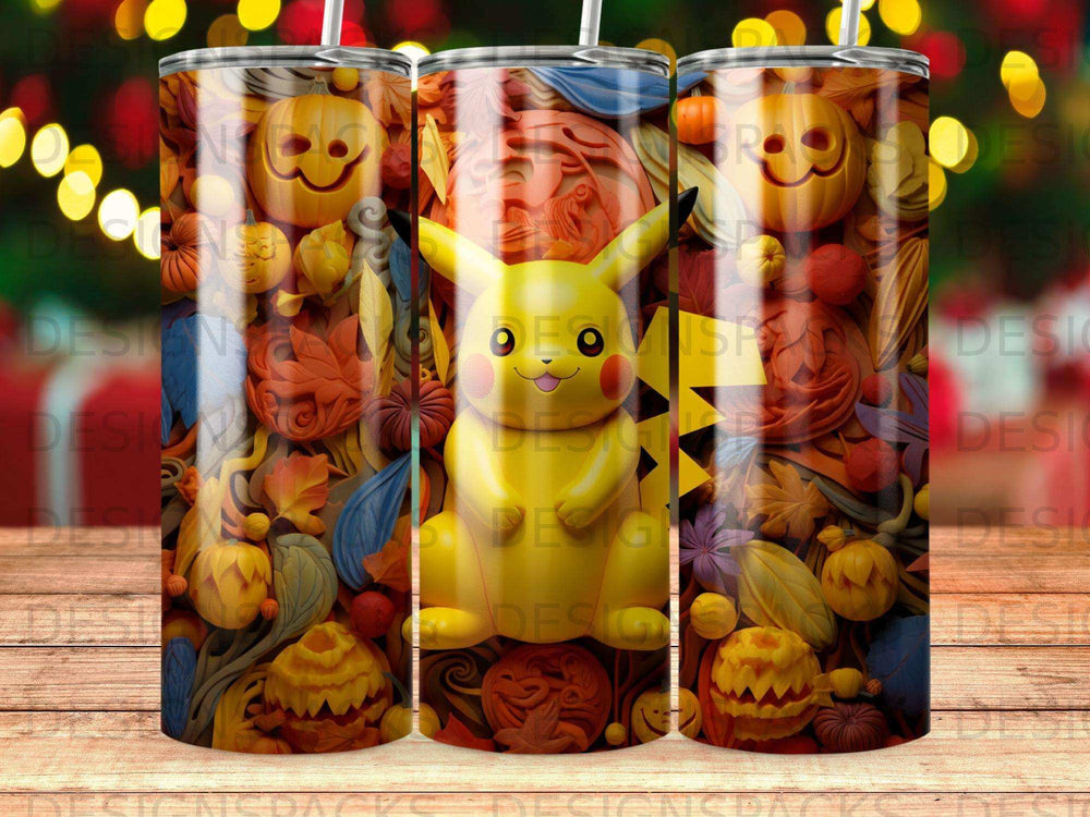 Pikachu and pumpkins on a festive fall-themed tumbler.