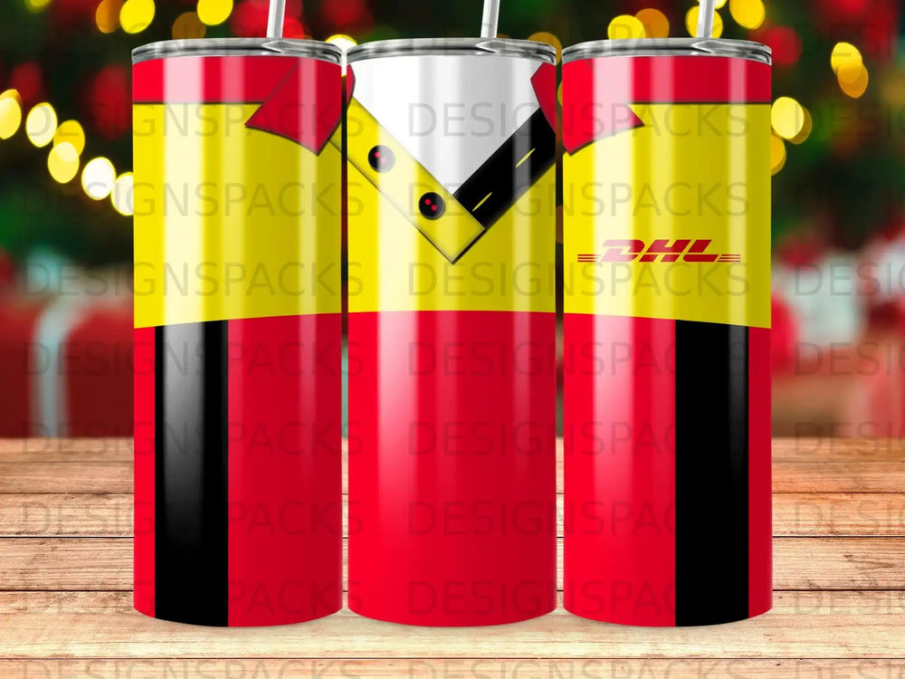 Three tumblers with DHL logo and red, yellow, and black abstract design.