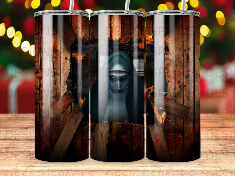 Haunted figure emerges from wooden wall with fire and bokeh lights.
