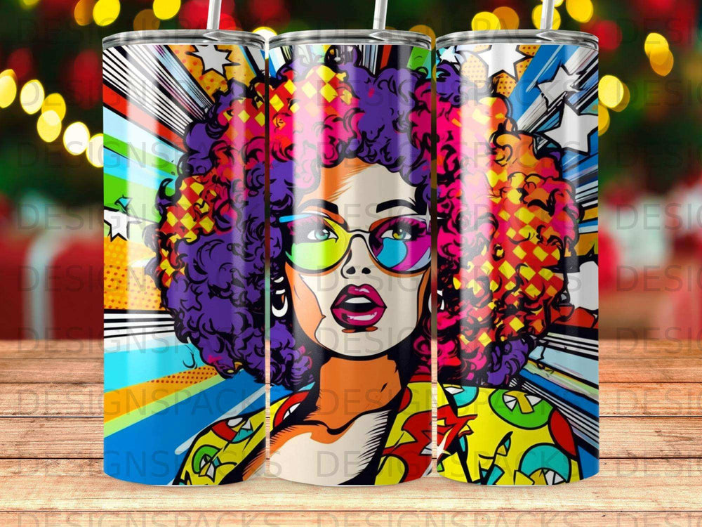 Woman with colorful afro, glasses, and vibrant comic-book style clothing.