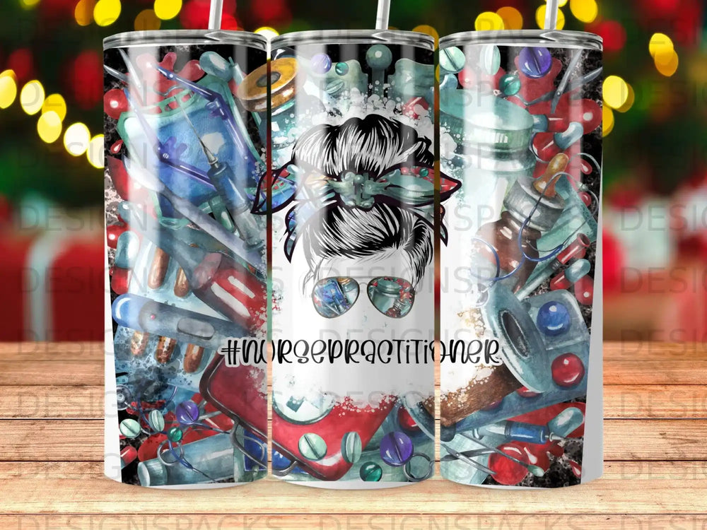 Nurse practitioner tumbler with medical illustration and messy bun.