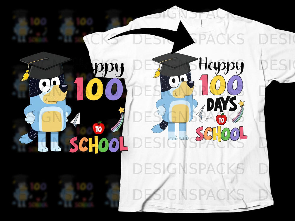 Bluey character in graduation cap, "Happy 100 Days to School" text.