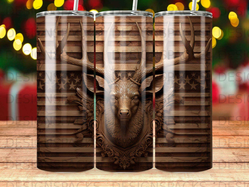 Wood grain background with a detailed deer head silhouette against an American flag.