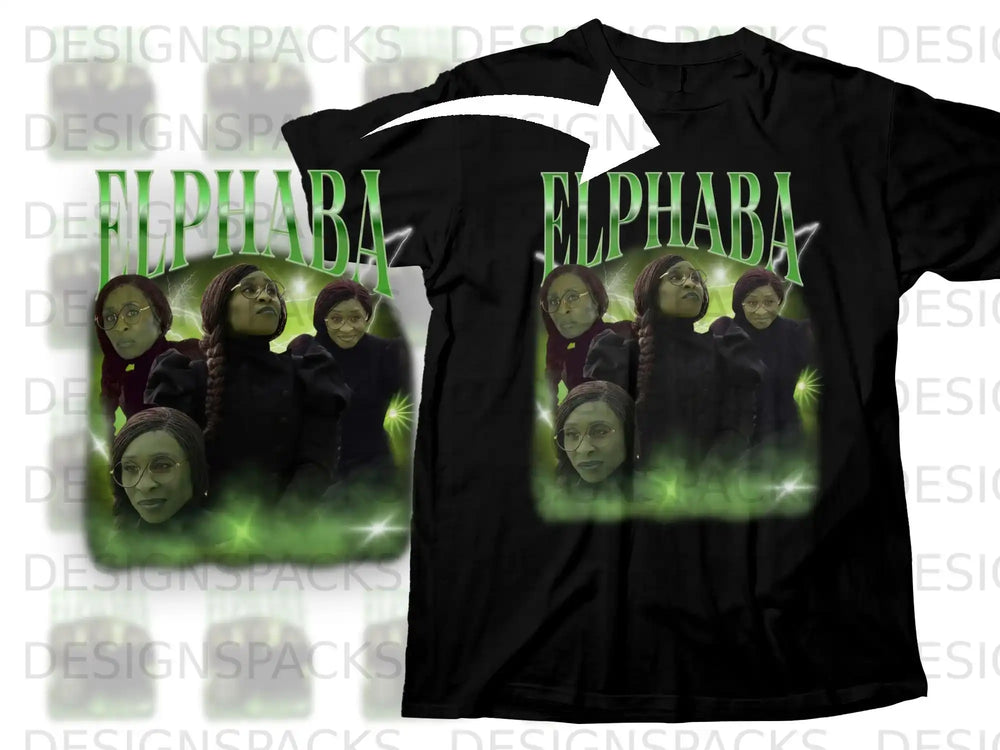 Black t-shirt with "Elphaba" text and a green-hued depiction of three women.