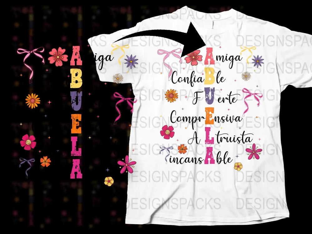 Colorful Spanish Words Inspirational T-Shirt, Floral Design, Unique Gift for Grandmother, Soft Cotton Tee