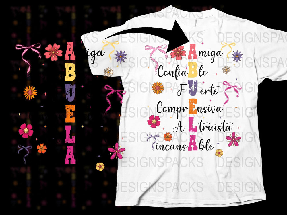 Colorful Spanish Words Inspirational T-Shirt, Floral Design, Unique Gift for Grandmother, Soft Cotton Tee