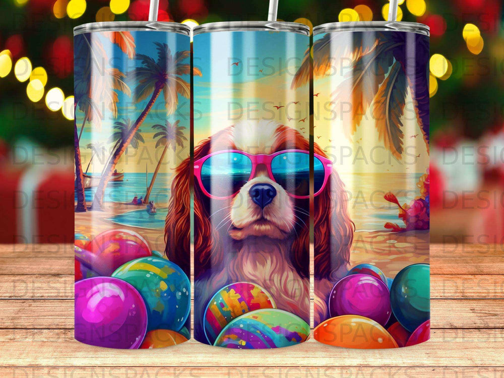 Dog in sunglasses with colorful beach balls and palm trees.