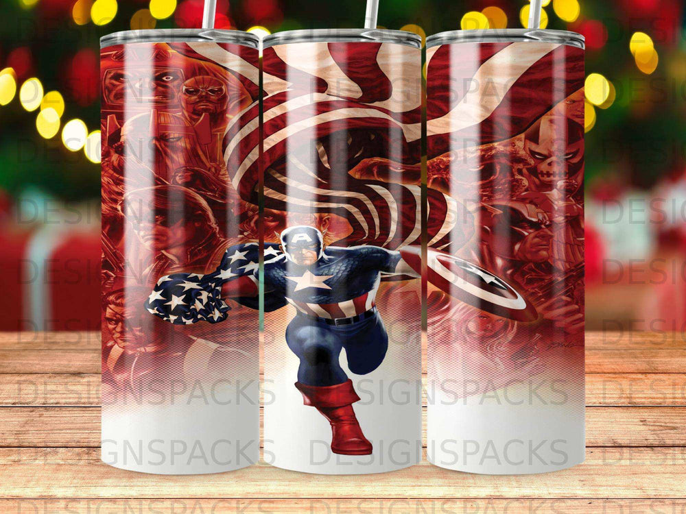 Captain America leaping forward with American flag and comic book art background.