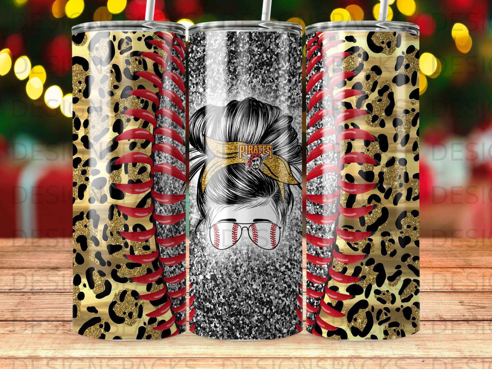 Leopard print tumbler with Pirates baseball logo and glitter accents.
