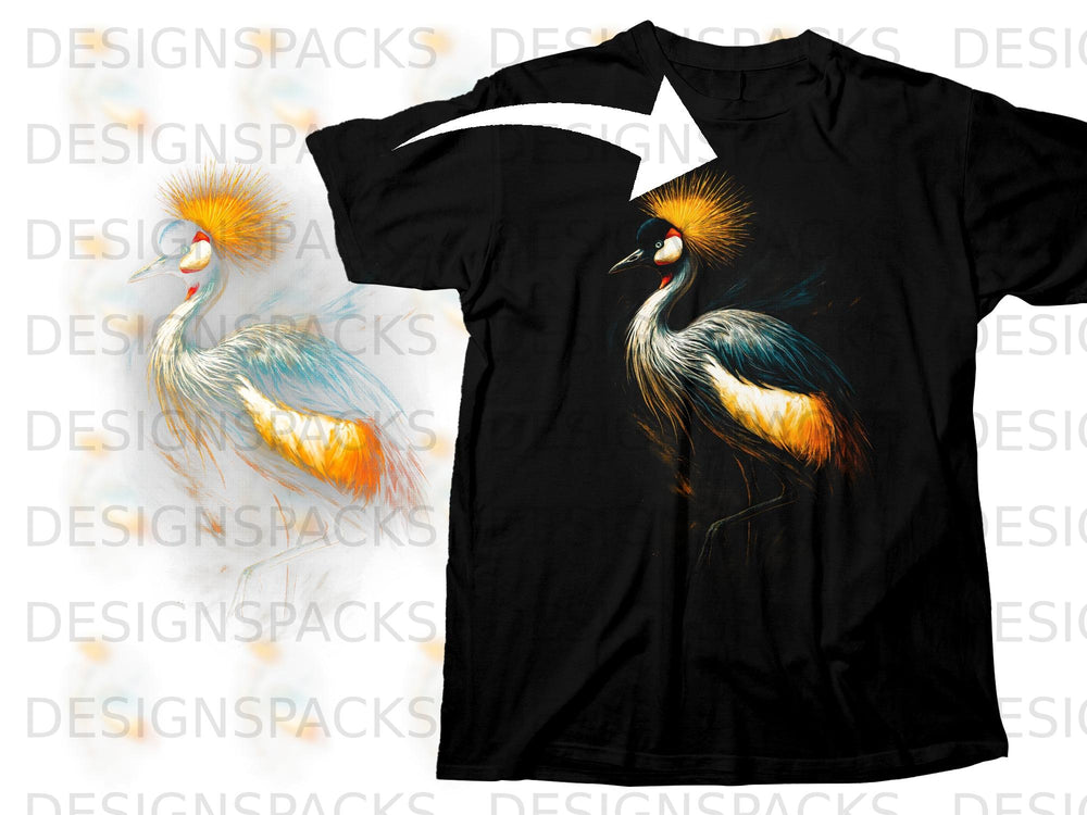 Black t-shirt with a graphic of a crowned crane with striking orange plumage.