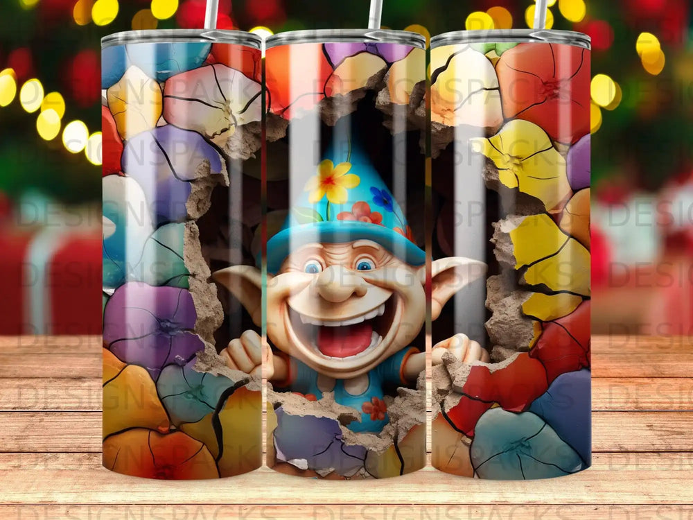 Cartoon gnome bursting through colorful cracked walls.